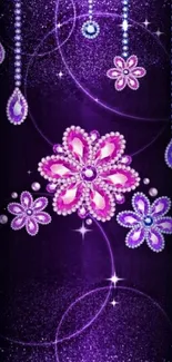 Purple background with jeweled flowers and circles.