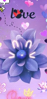 Purple flower wallpaper with hearts and love symbols.