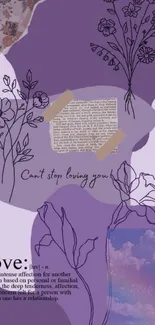 Purple wallpaper with floral line art and love quotes.