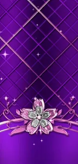 Purple floral wallpaper with metallic accents and quilted design.