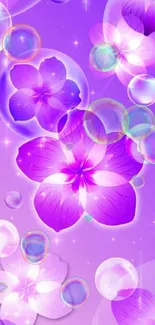 Purple floral wallpaper with glowing flowers and bubbles.