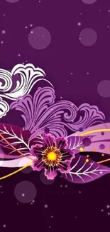 Vibrant purple floral wallpaper with artistic elements.