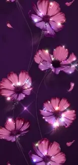 Purple floral wallpaper with sparkling accents and elegant flowers.