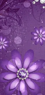 Purple floral wallpaper with elegant flowers and sparkles.