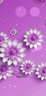 Purple floral wallpaper with 3D flowers.