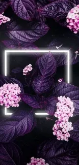 Purple floral wallpaper with neon square accent.