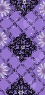 Purple floral pattern wallpaper with geometric design elements.