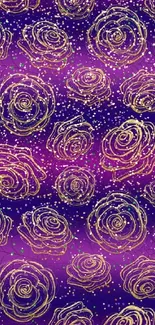 Purple floral wallpaper with golden swirls and vibrant design.