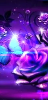 Purple roses and blue butterfly on a glowing background.