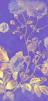 Purple floral wallpaper with roses and golden leaves.