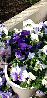 Purple and white floral arrangement in pots with perfume bottle.