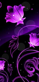 Purple floral wallpaper with glowing flowers.