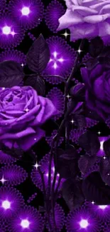 Vibrant purple roses on floral wallpaper design.