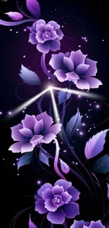 Purple floral design on dark background with glowing swirls.