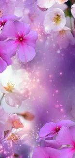 Purple wallpaper with pink and white flowers.