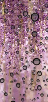 Purple floral wallpaper with raindrop accents and delicate petals for mobile screen.