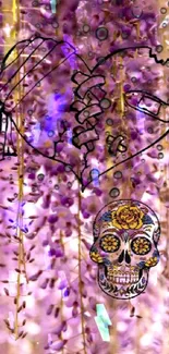 Mysterious skull art with cascading purple flowers wallpaper.