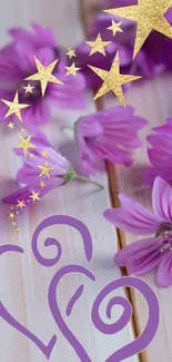 Purple flowers with golden stars and heart design on a wooden background.