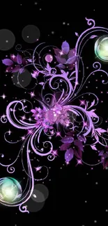 Elegant purple floral swirl on black background.