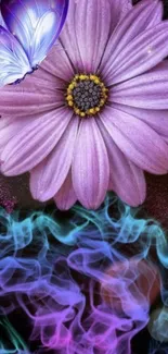 Purple flower with butterfly and smoke art design.