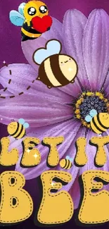 Purple flower with bees and 'Let it Bee' text on a vibrant background.