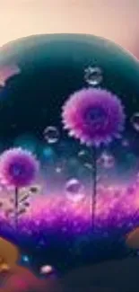 Fantasy wallpaper with purple flowers in a bubble.