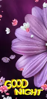 Purple flower with 'Good Night' text and falling petals wallpaper.