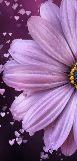 Purple daisy with heart patterns on a dark background for mobile screen.