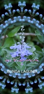 Intricate purple flower kaleidoscope design on a green background.