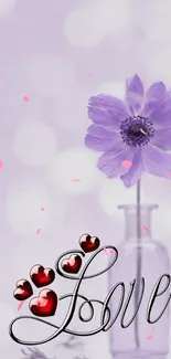 Lavender flower in vase with love text and hearts.