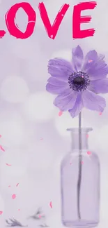 Purple flower in vase with love text mobile wallpaper.