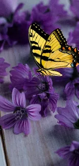 Yellow butterfly on purple flowers mobile wallpaper.