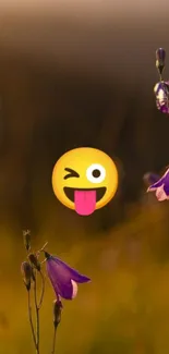 Purple flowers and emoji on a golden background.