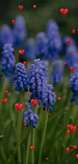 Purple flowers and red hearts in a garden wallpaper.