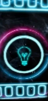 Neon light bulb with glowing blue and pink hues on a dark background.