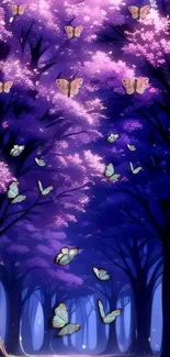 Purple forest with butterflies fluttering under a dreamy night sky.