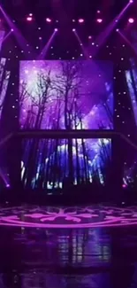 Purple forest stage with trees under a vibrant night sky.