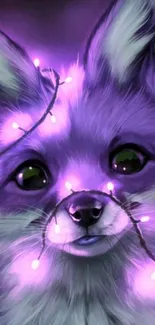 Purple fox with glowing fairy lights, designed for mobile wallpaper.