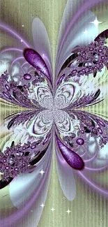 Purple and silver fractal floral wallpaper on a textured background.