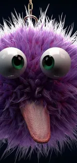 Playful purple furry creature with big eyes on a dark background.