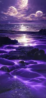 Purple galaxy beach with glowing waves under multiple moons.