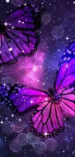 Vibrant purple butterflies against a cosmic galaxy background.