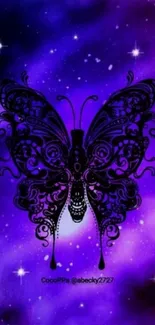 Intricate black butterfly on purple galaxy background with stars.