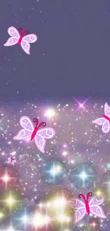 Purple galaxy wallpaper with pink butterflies and sparkling stars.