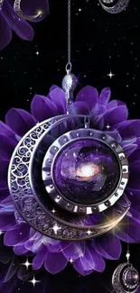 Purple galaxy dreamcatcher with floral and cosmic elements.