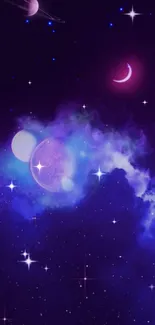 Purple galaxy wallpaper with stars, planets, and a nebula.