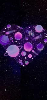 Heart-shaped galaxy with purple planets and stars.