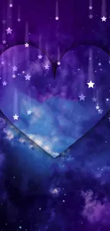 Purple galaxy heart wallpaper with cosmic design and starry background.