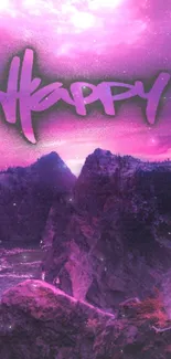 Purple galaxy landscape with mountains and graffiti text 'Happy'.