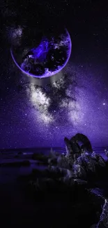 Purple galaxy nightscape featuring cosmic stars and rugged shoreline.